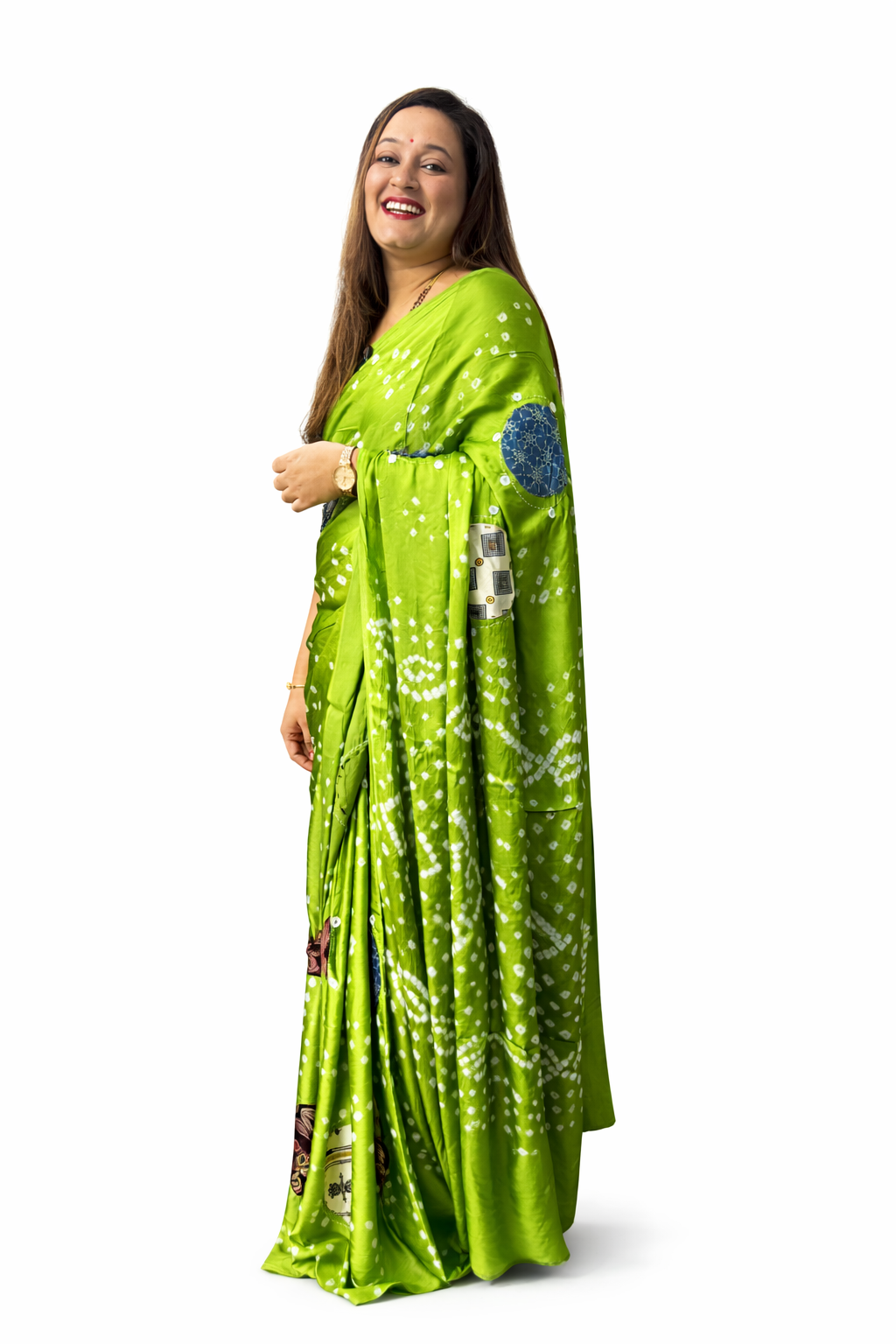 Pure Modal Bandhej Mushroo ajrakh Patch Work - Green