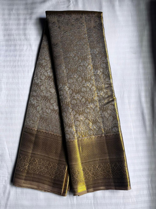 Kanchi Soft Silk Saree – Antique Gold with Floral Vine Jacquard Weave