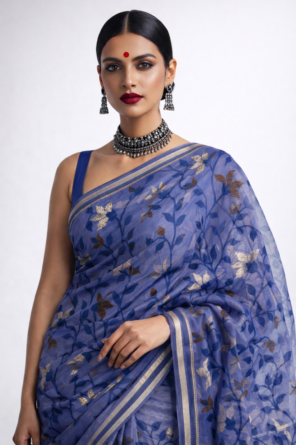 Dhaka Muslin Silk Jamdhani – Blue Floral Weave
