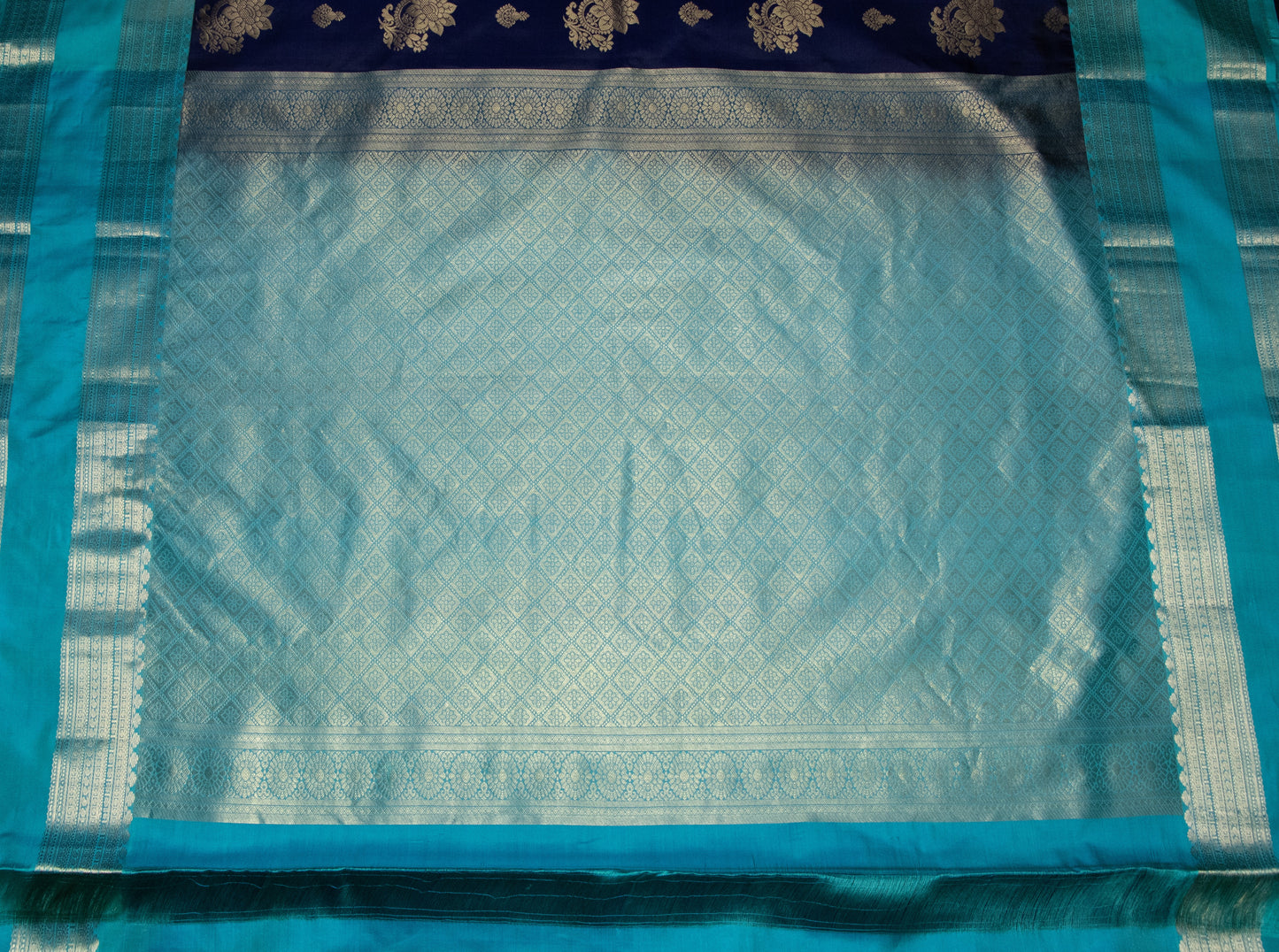 Kanchi Silk-Body-Dark Navy Blue, Border-Teal/Sea green