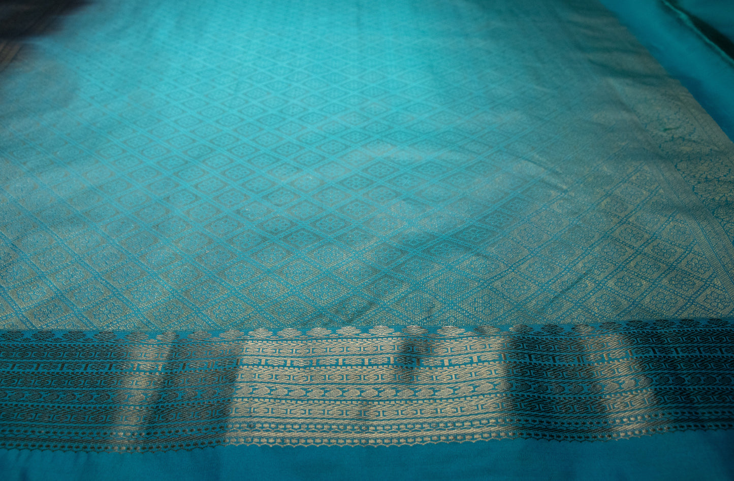 Kanchi Silk-Body-Dark Navy Blue, Border-Teal/Sea green