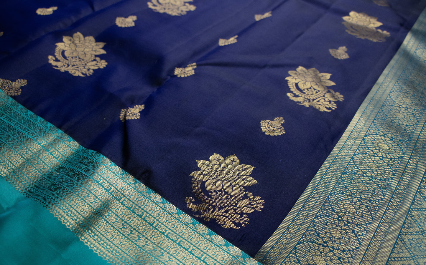 Kanchi Silk-Body-Dark Navy Blue, Border-Teal/Sea green