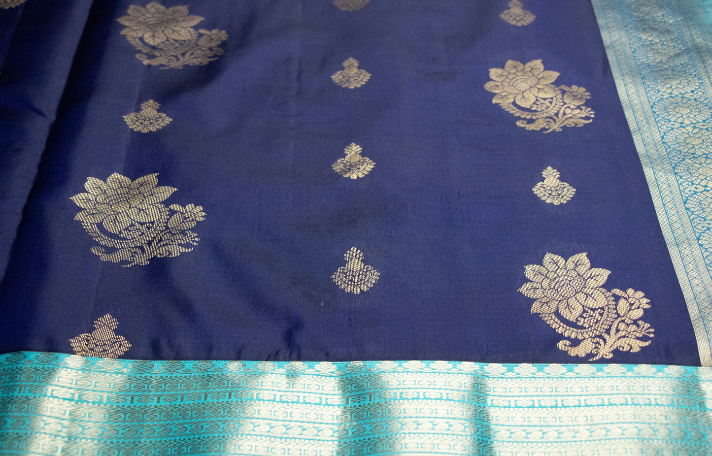 Kanchi Silk-Body-Dark Navy Blue, Border-Teal/Sea green