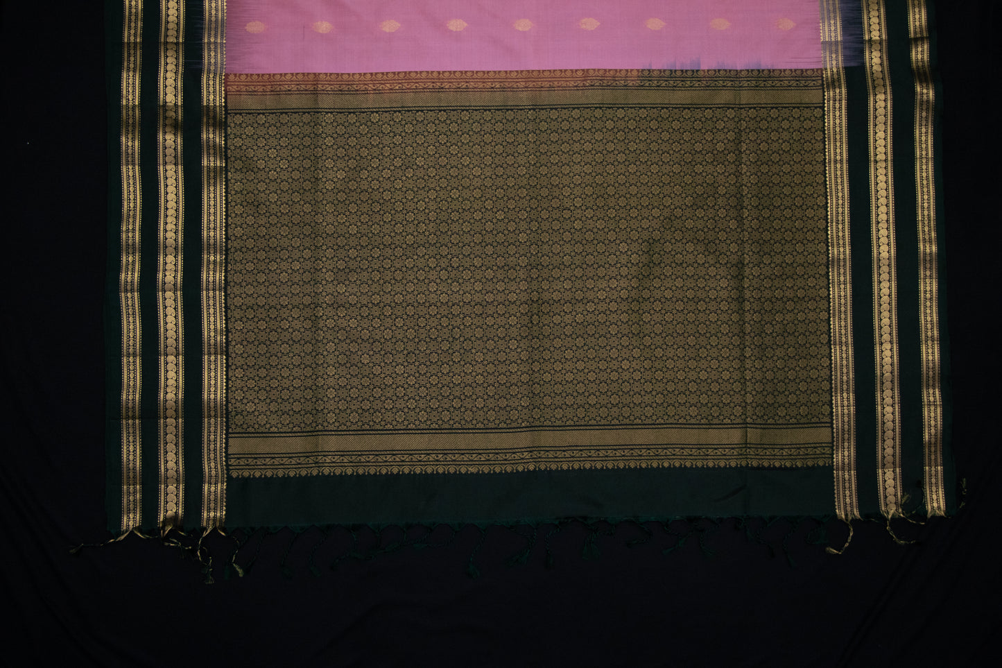 Soft Silk-Body-Soft Rose Pink-Border-Deep bottle green with antique gold zari