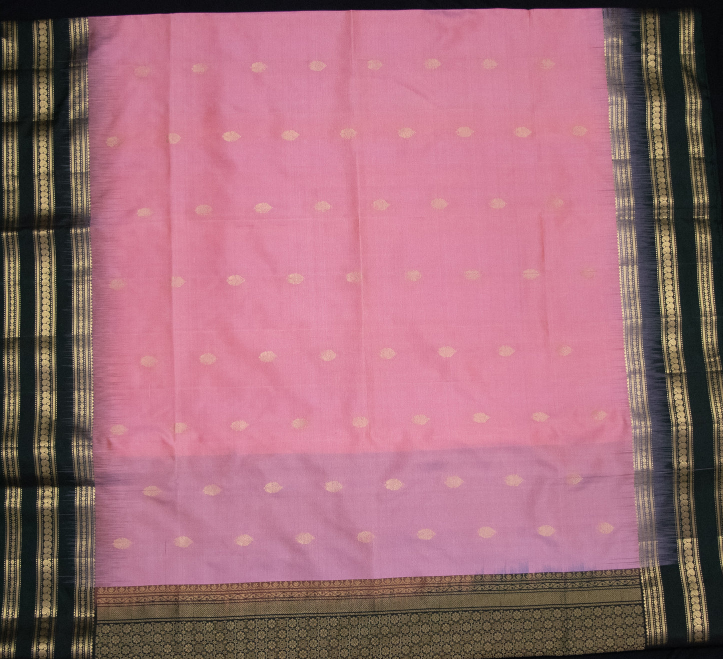 Soft Silk-Body-Soft Rose Pink-Border-Deep bottle green with antique gold zari