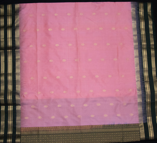 Kanchi Soft Silk Saree – Soft Rose Pink with Bottle Green & Antique Gold Zari Border