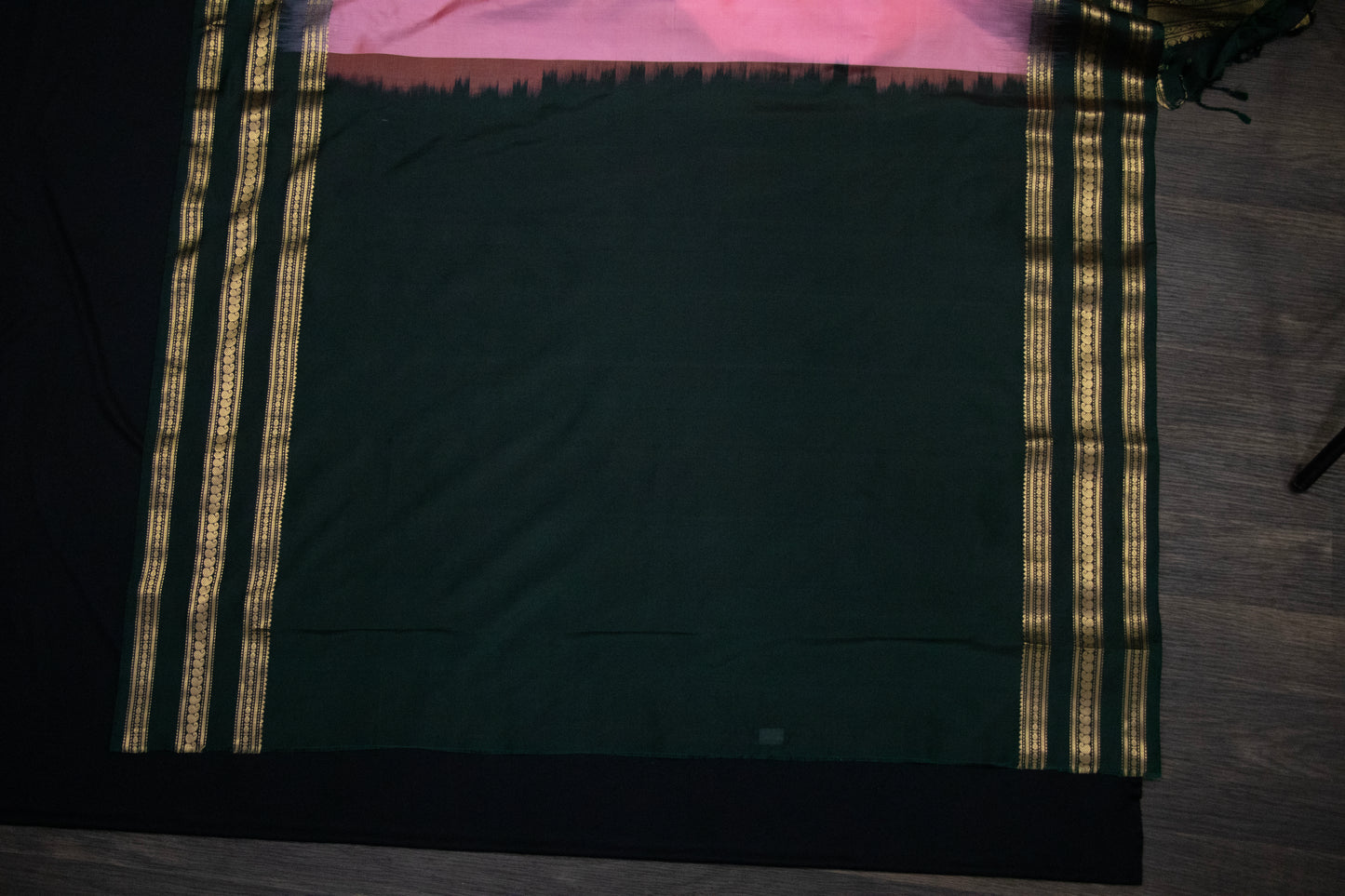 Soft Silk-Body-Soft Rose Pink-Border-Deep bottle green with antique gold zari