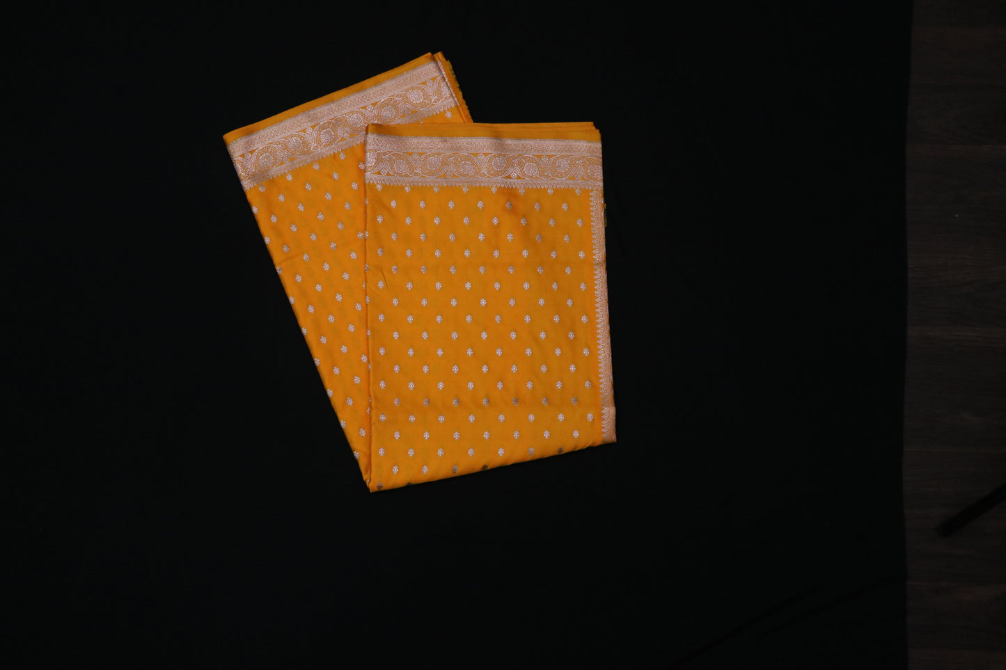 Banarasi Saree-Mustard yellow small silver Buttas