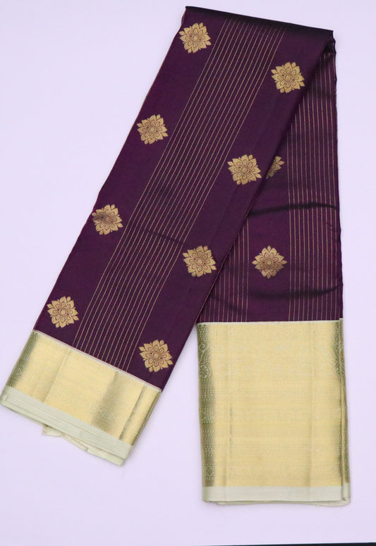 Kanchi Silk-Body-aubergine purple with gold zari buttas and fine vertical gold lines- Border-Soft antique gold