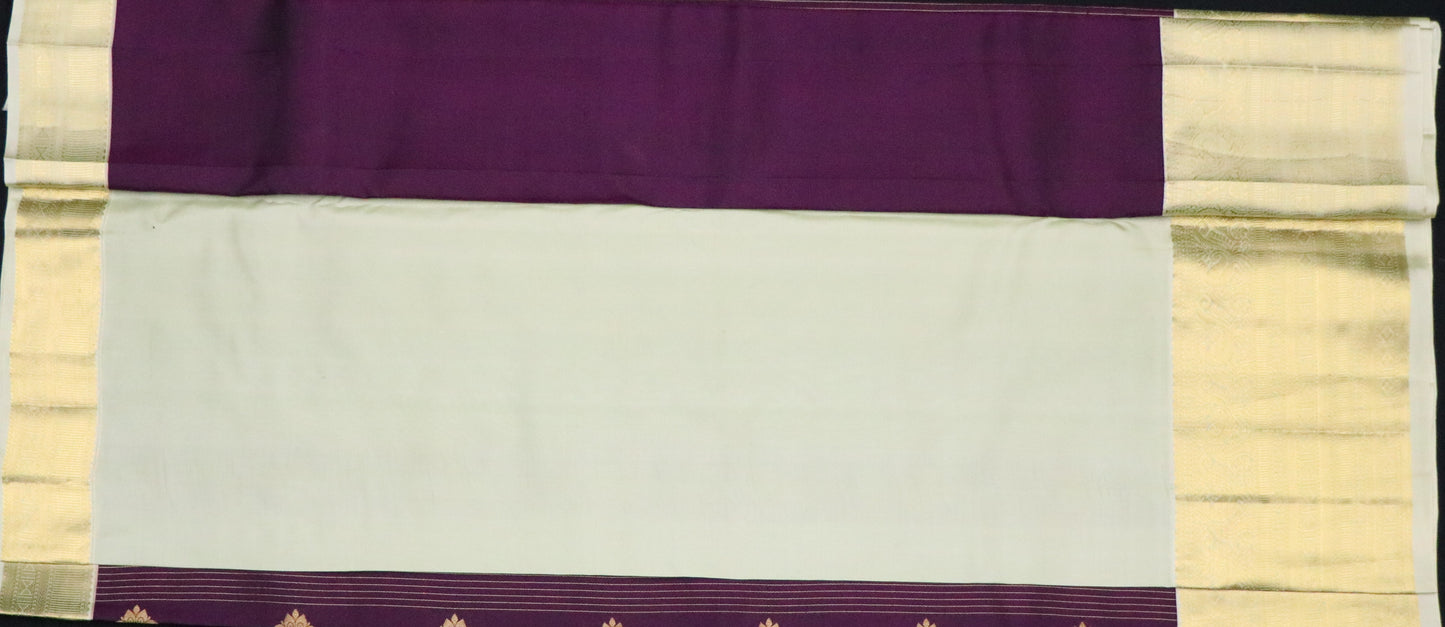 Kanchi Silk-Body-aubergine purple with gold zari buttas and fine vertical gold lines- Border-Soft antique gold