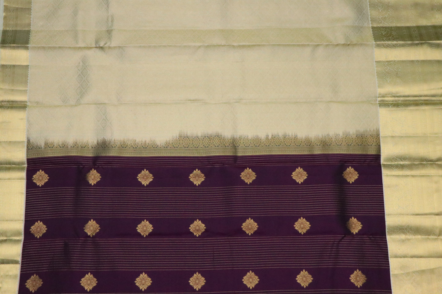 Kanchi Silk-Body-aubergine purple with gold zari buttas and fine vertical gold lines- Border-Soft antique gold