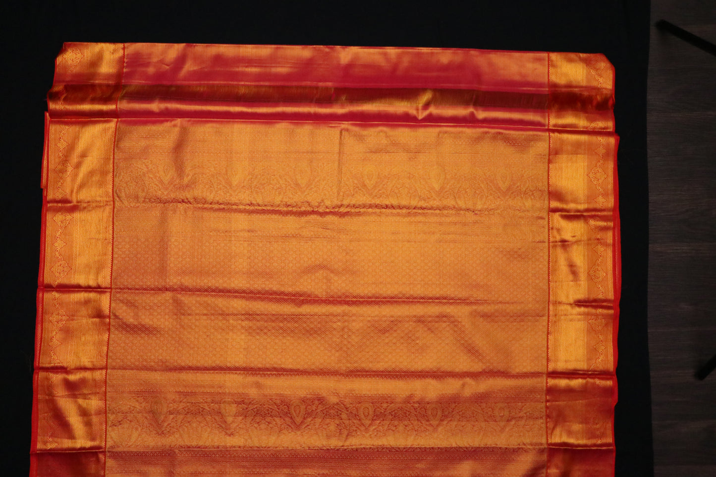 Kanchi Silk-Body-Soft peach–coral base-Mint green leafy motifs-Palu-Border-Rich burnt orange