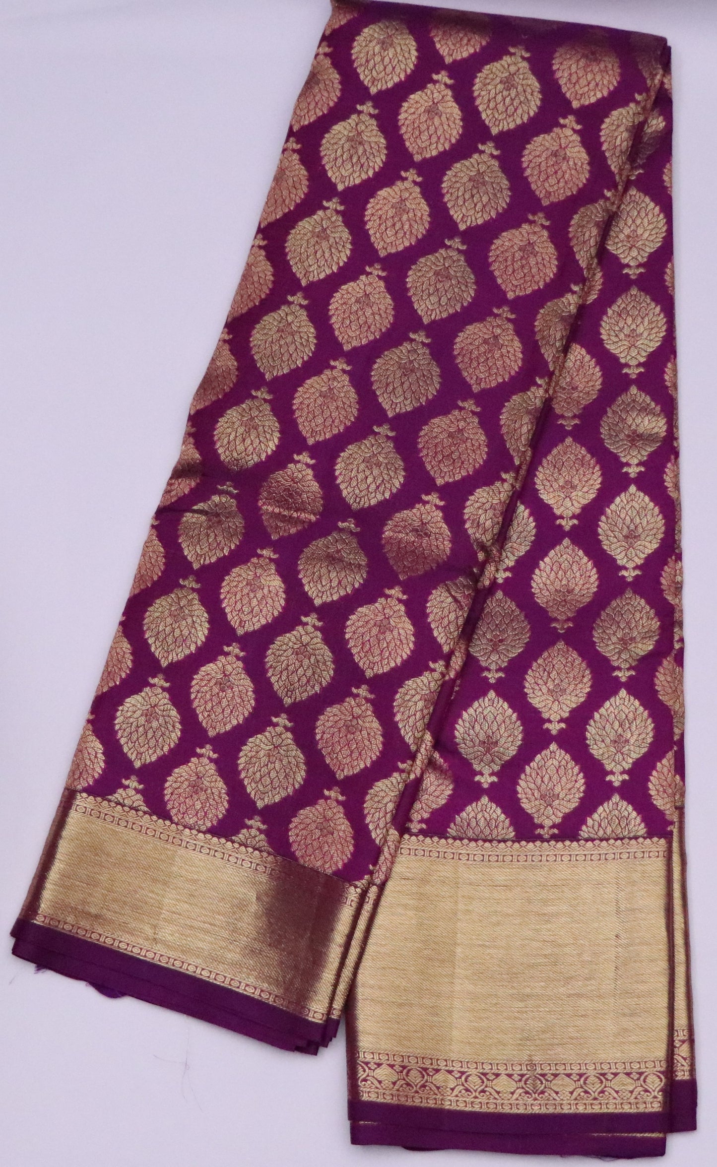 Kanchi Silk-jacquard-woven buttas-Deep wine purple-Antique gold zari