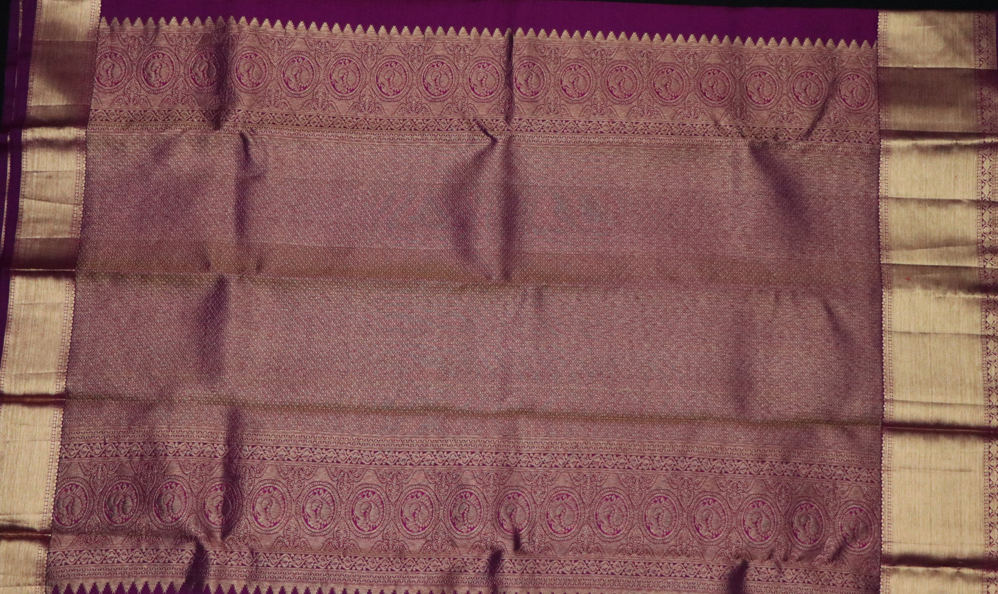Kanchi Silk-jacquard-woven buttas-Deep wine purple-Antique gold zari