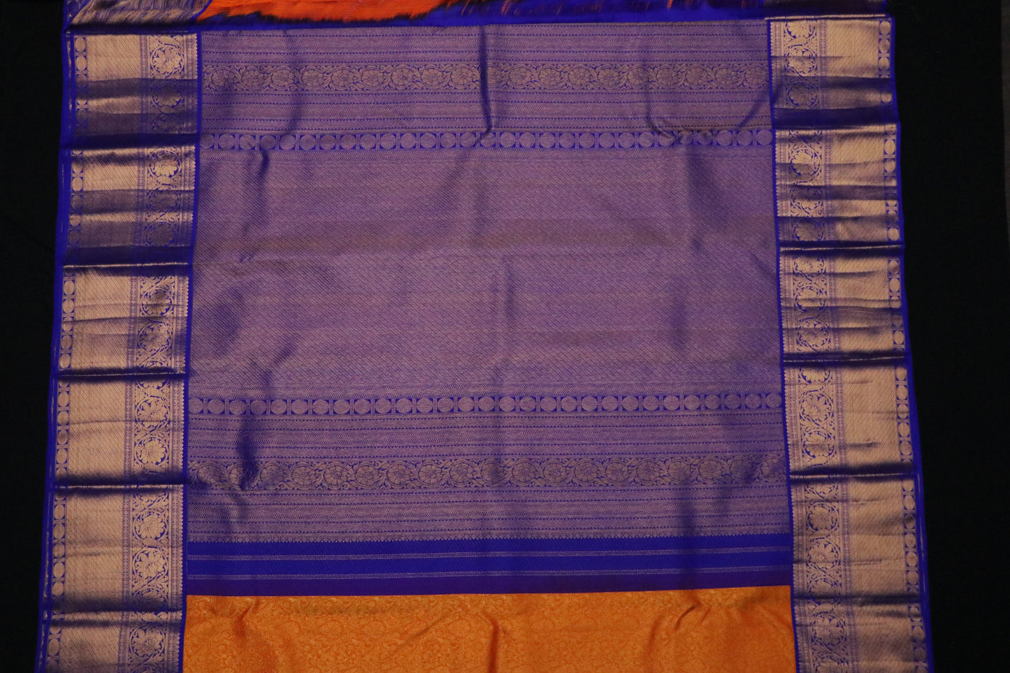 Kanchi Silk-jacquard floral jaal-Rich marigold orange with Royal cobalt blue border and pallu