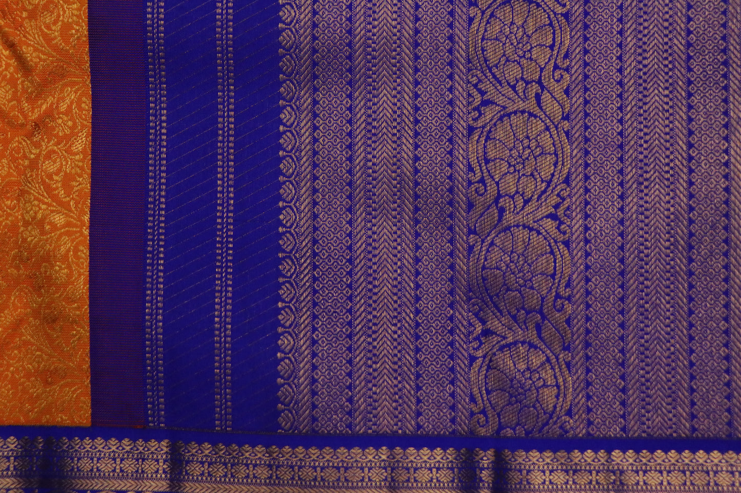 Kanchi Silk-jacquard floral jaal-Rich marigold orange with Royal cobalt blue border and pallu