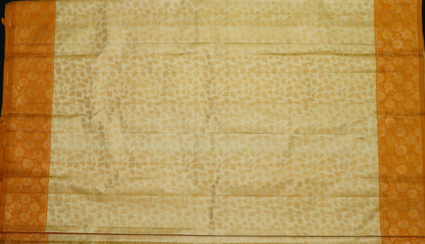 Kanchi Silk-Body-Pale Butter-cream-Border-Mustard gold -Floral Butta