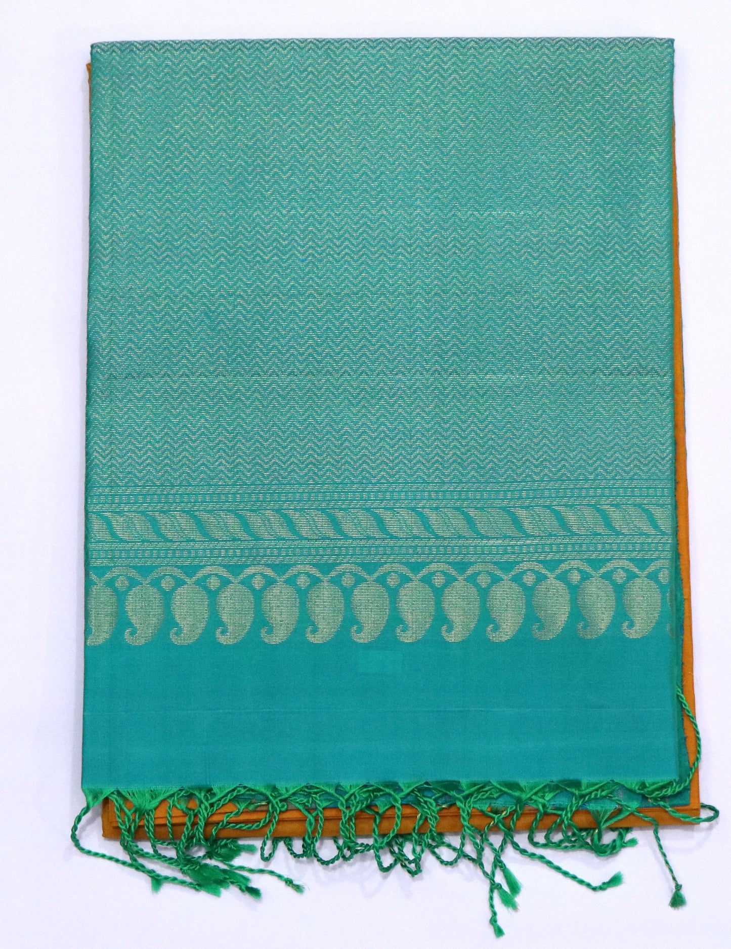 Kanchi Soft Silk Saree – Mustard Yellow Body with Teal Green Border