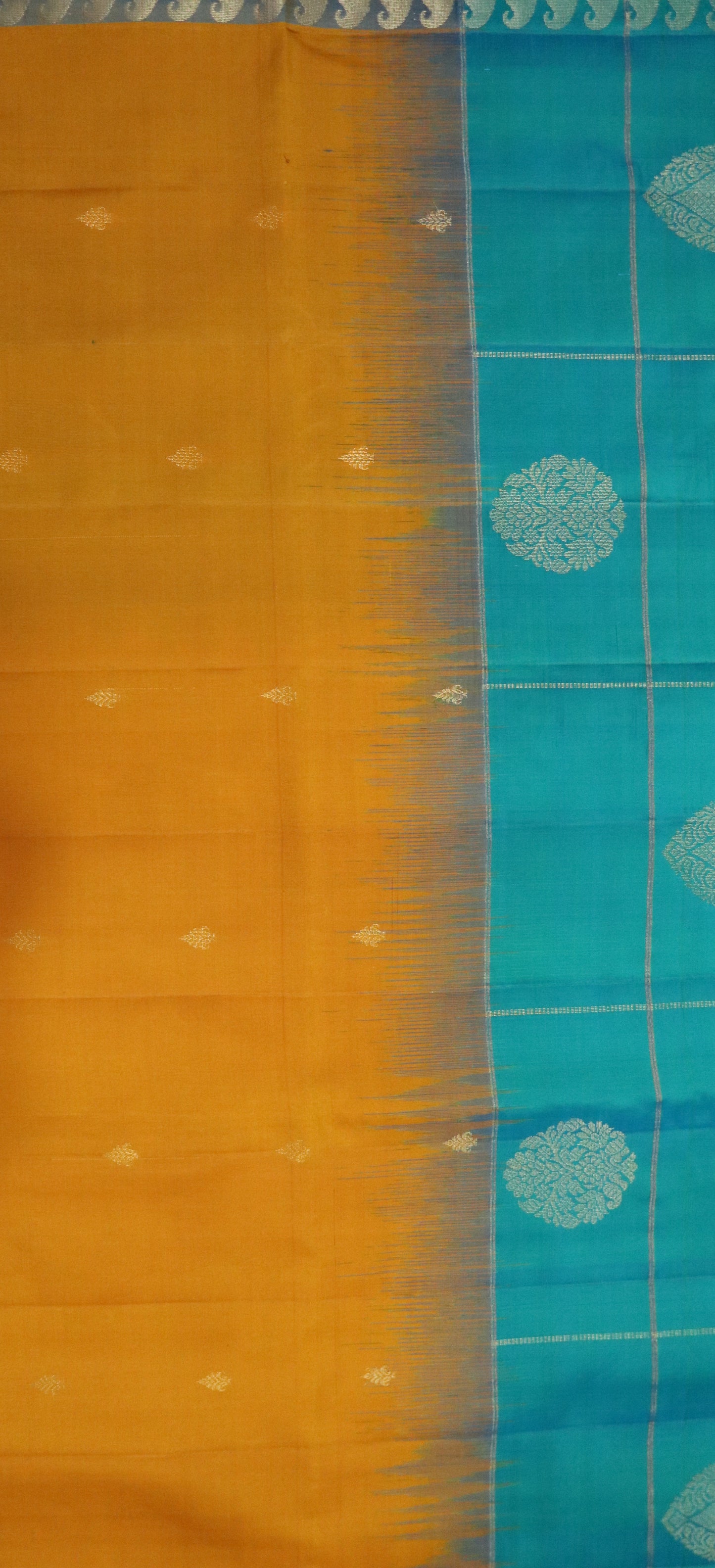 Kanchi Soft Silk Saree – Mustard Yellow Body with Teal Green Border