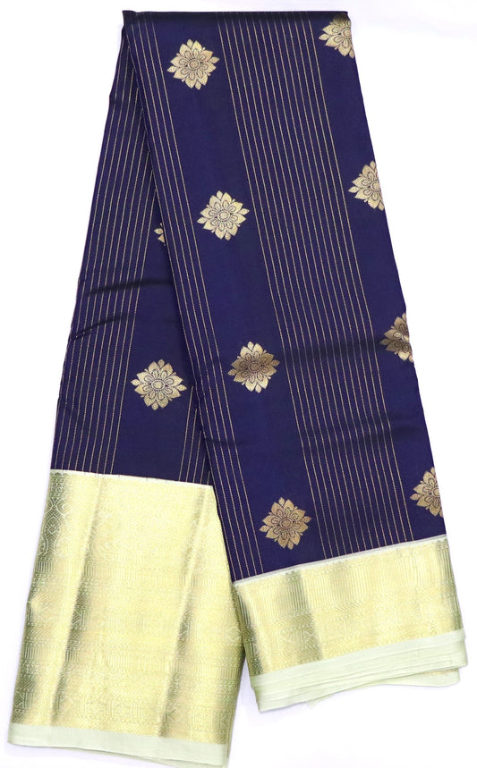 Kanchi Soft Silk Saree – Deep Navy Blue with Fine Zari Pinstripes & Floral Buttas