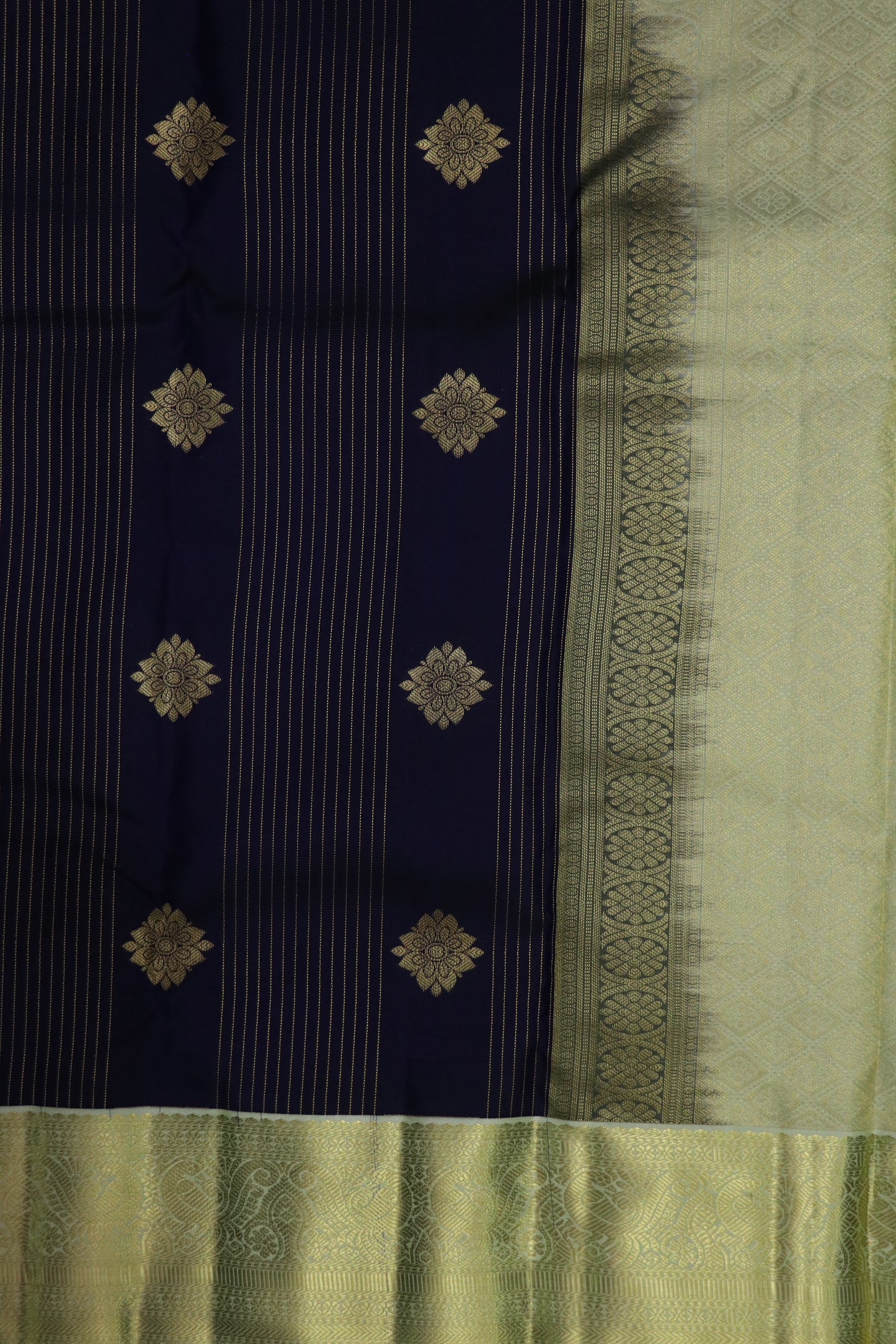 Kanchi Silk-Body-Deep navy blue-Fine vertical zari pinstripes-Floral buttas