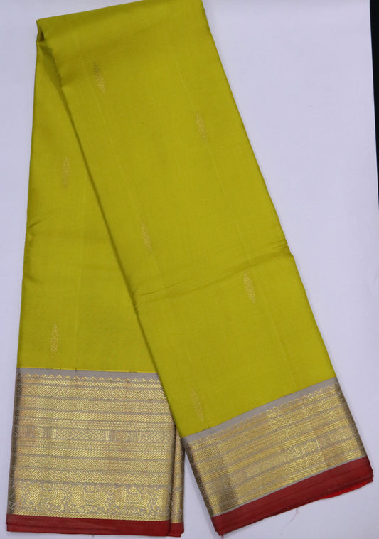 Kanchi Soft Silk Saree – Lime Green Body with Muted Grey Pallu & Maroon Edging