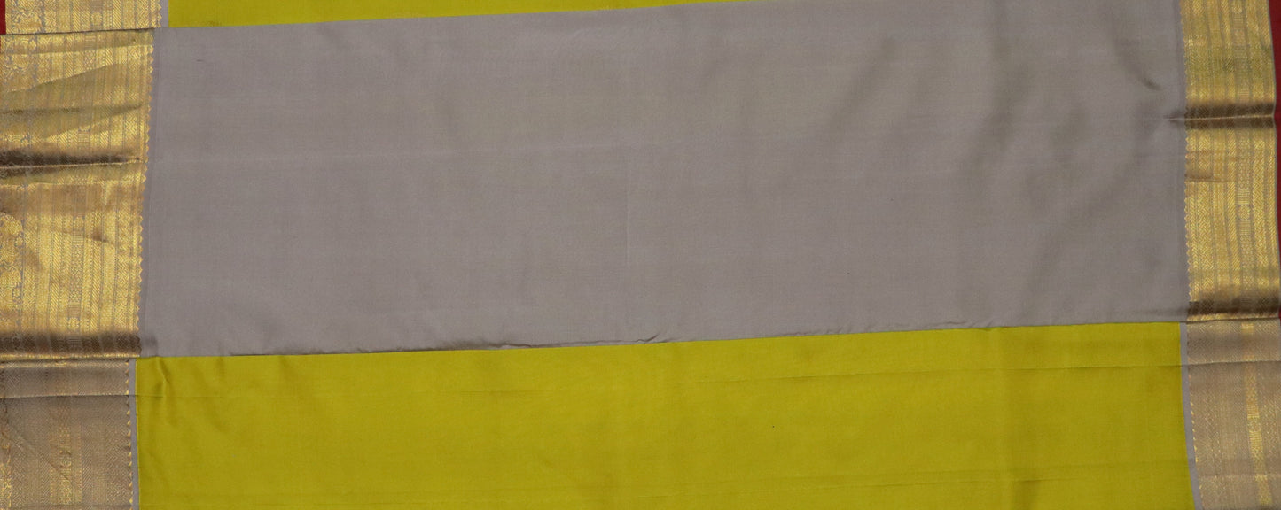 Kanchi Silk-Body-Fresh lime green-Pallu-soft muted grey-deep maroon edging