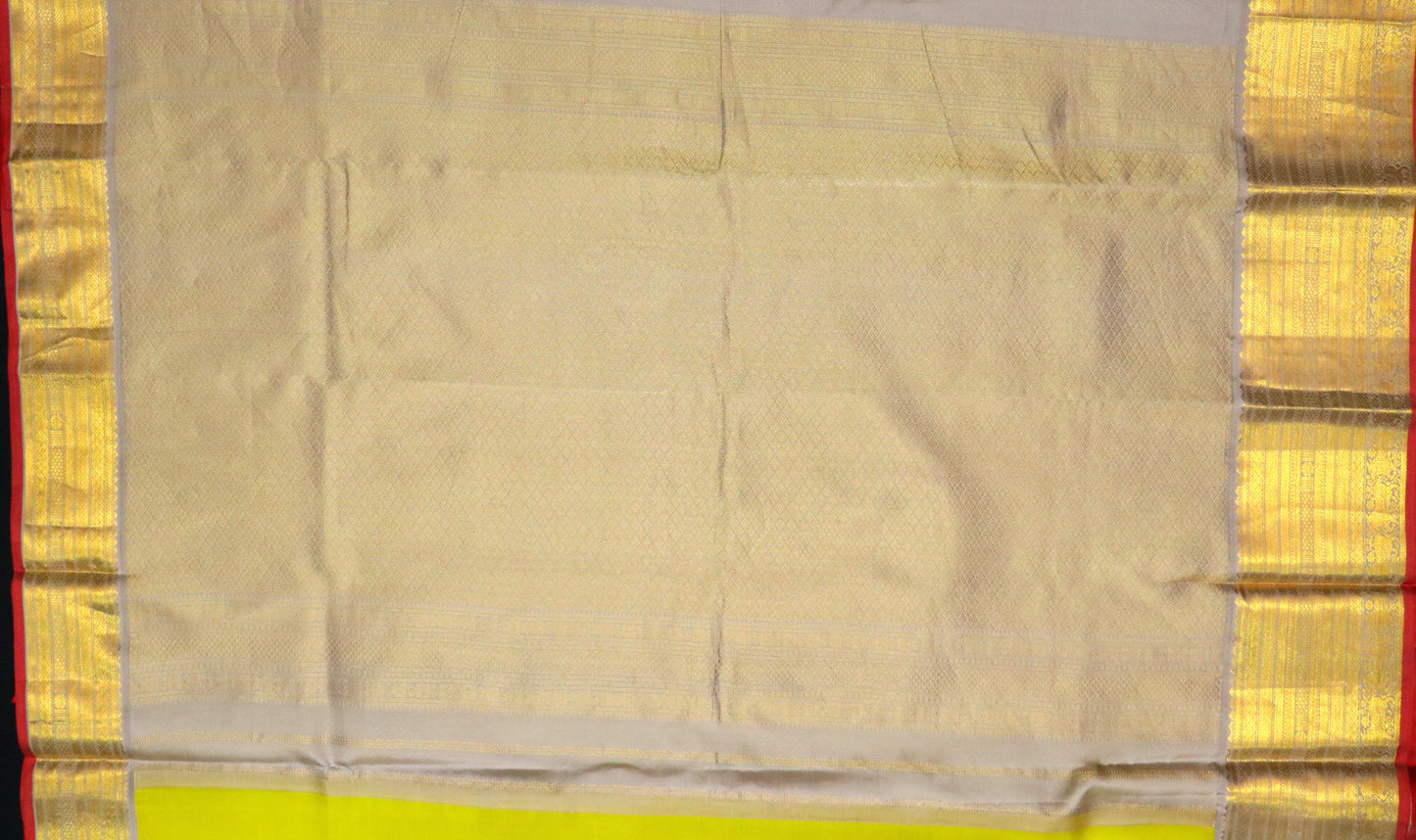 Kanchi Silk-Body-Fresh lime green-Pallu-soft muted grey-deep maroon edging