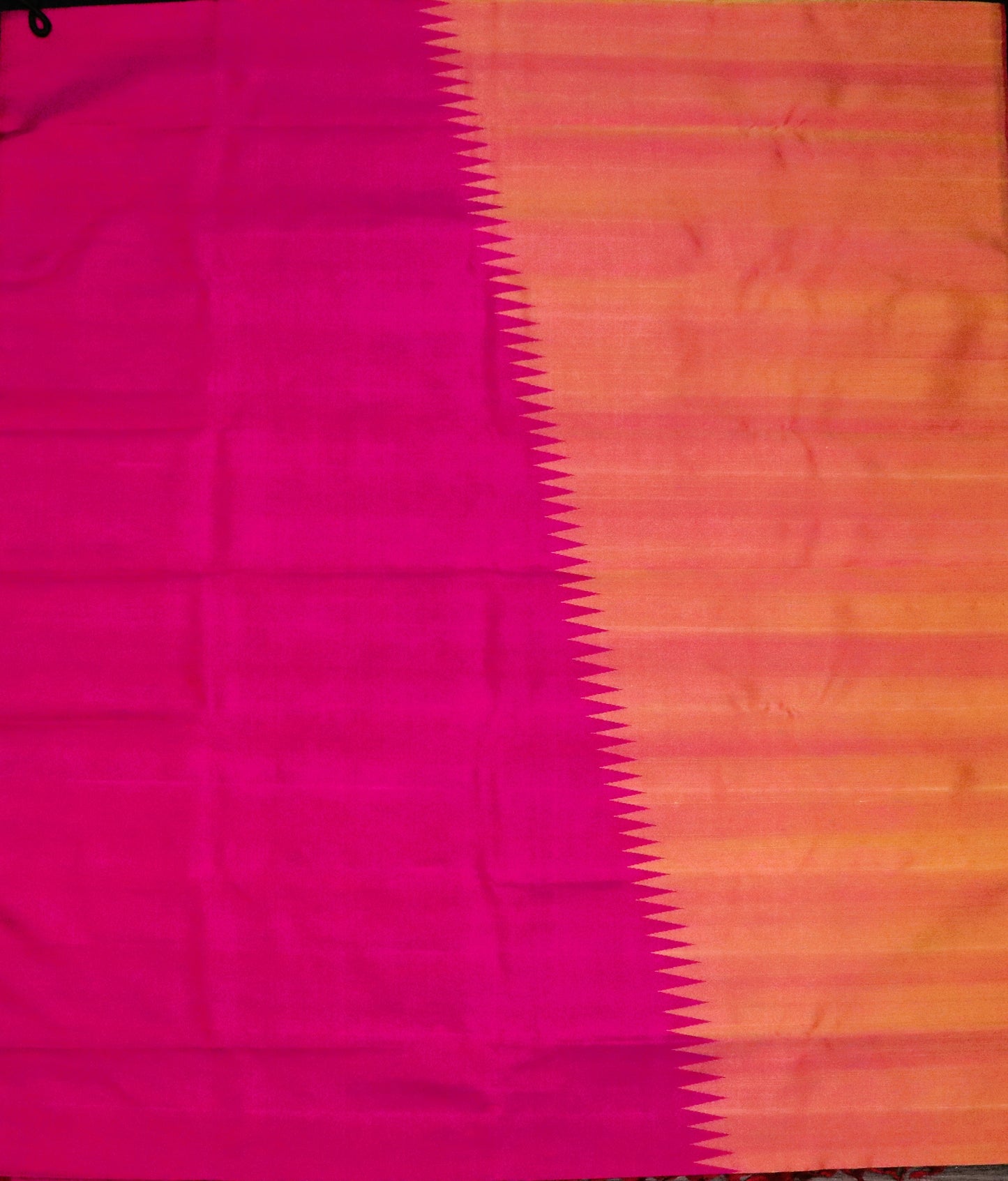 Kanchi Soft Silk Saree – Rust Orange Body with Rising Temple Border & Deep Rani Pink Pallu