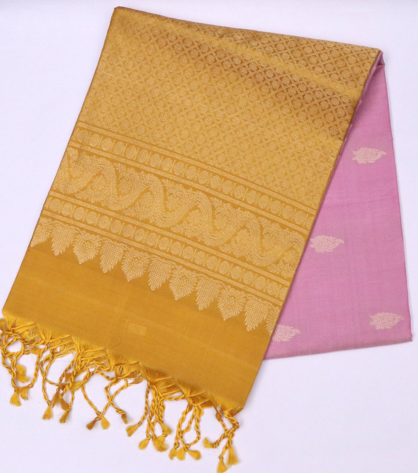 Soft Silk-Self-jacquard weave-Body-soft pastel pink-Pallu/Border-Rich mustard