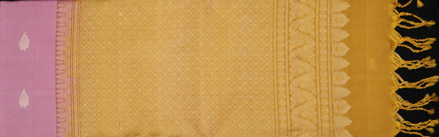 Soft Silk-Self-jacquard weave-Body-soft pastel pink-Pallu/Border-Rich mustard