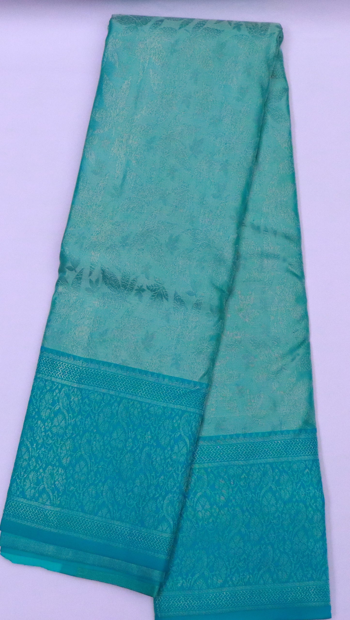 Kanchi Silk-Body-soft aqua / sea-green-self-jacquard floral pattern-deeper teal border