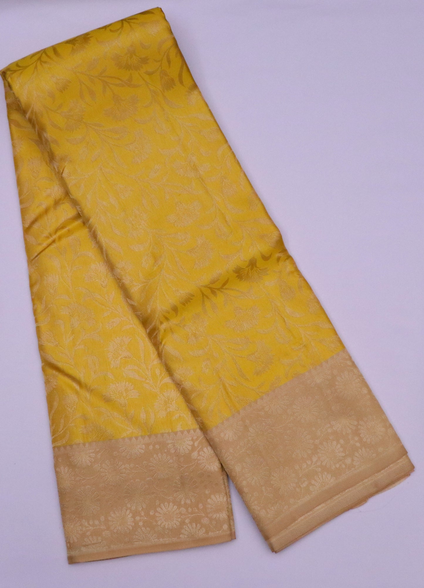 Kanchi Silk-Body-Mustard–gold-all-over floral vine jacquard weave-leaf and flower motifs
