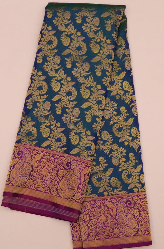 Kanchi Soft Silk Saree – Teal Peacock Blue Body with Deep Wine Border