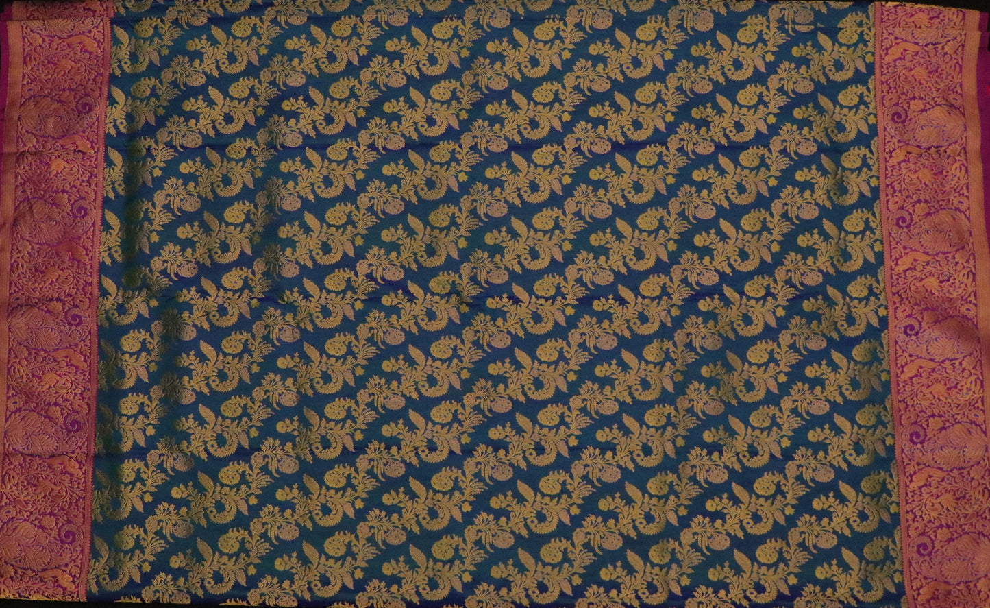 Kanchi Soft Silk Saree – Teal Peacock Blue Body with Deep Wine Border