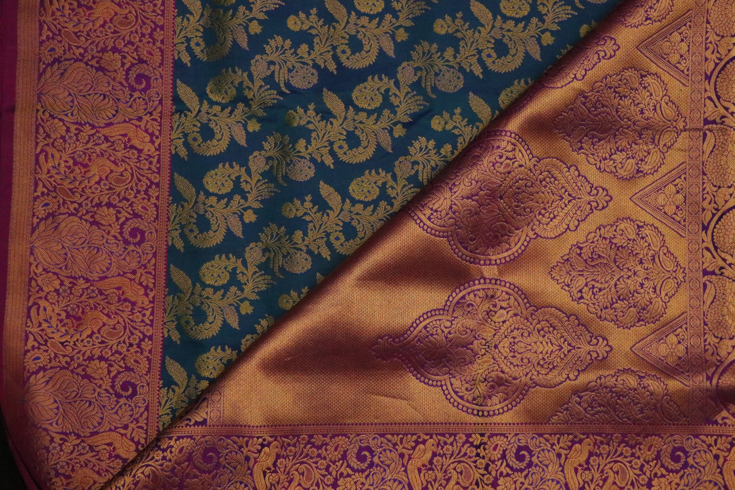 Kanchi Soft Silk Saree – Teal Peacock Blue Body with Deep Wine Border