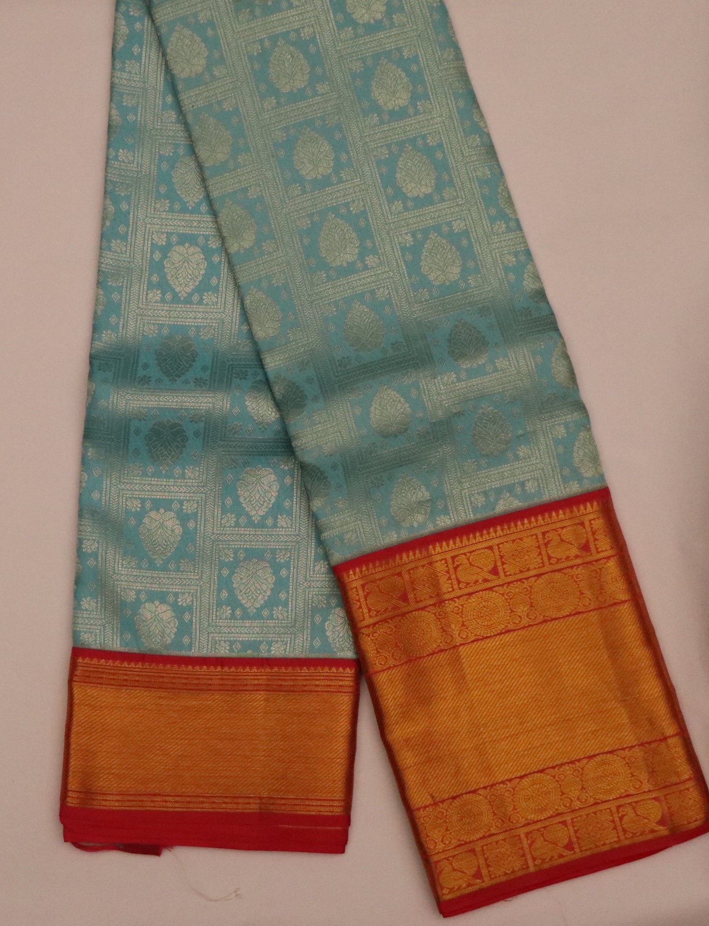 Kanchi Silk-Body-Pastel Turquoise Blue-Border-Rich Vermilion Red