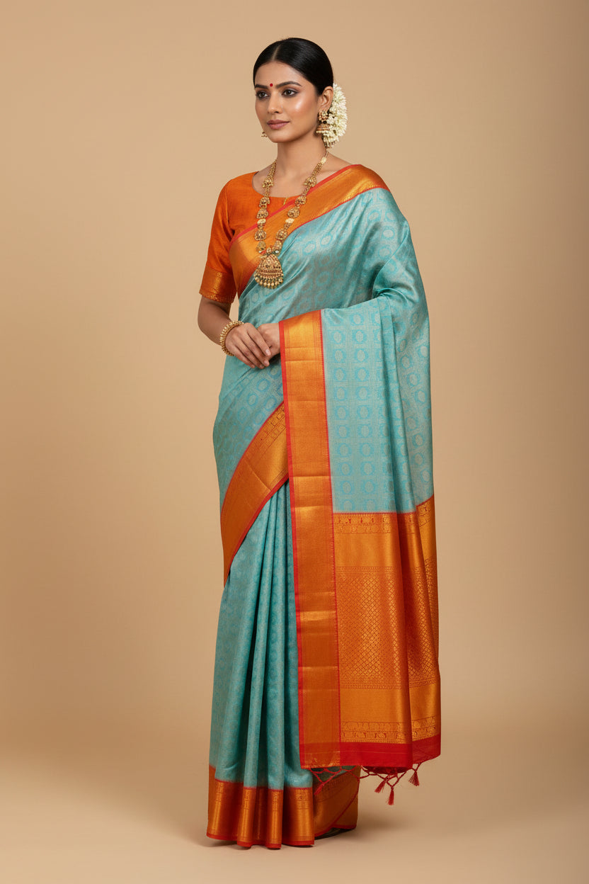 Kanchi Silk-Body-Pastel Turquoise Blue-Border-Rich Vermilion Red