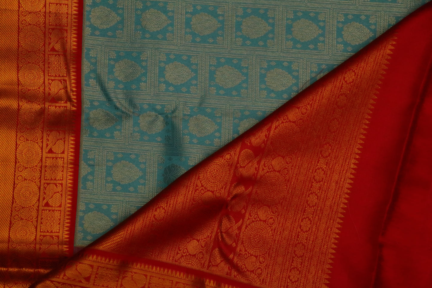 Kanchi Silk-Body-Pastel Turquoise Blue-Border-Rich Vermilion Red