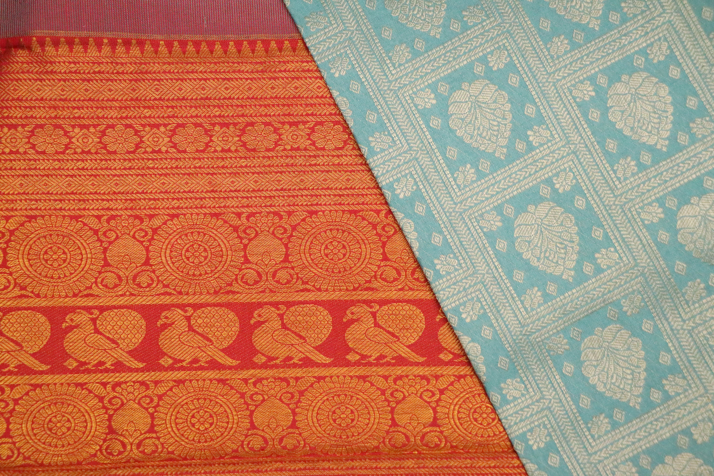 Kanchi Silk-Body-Pastel Turquoise Blue-Border-Rich Vermilion Red