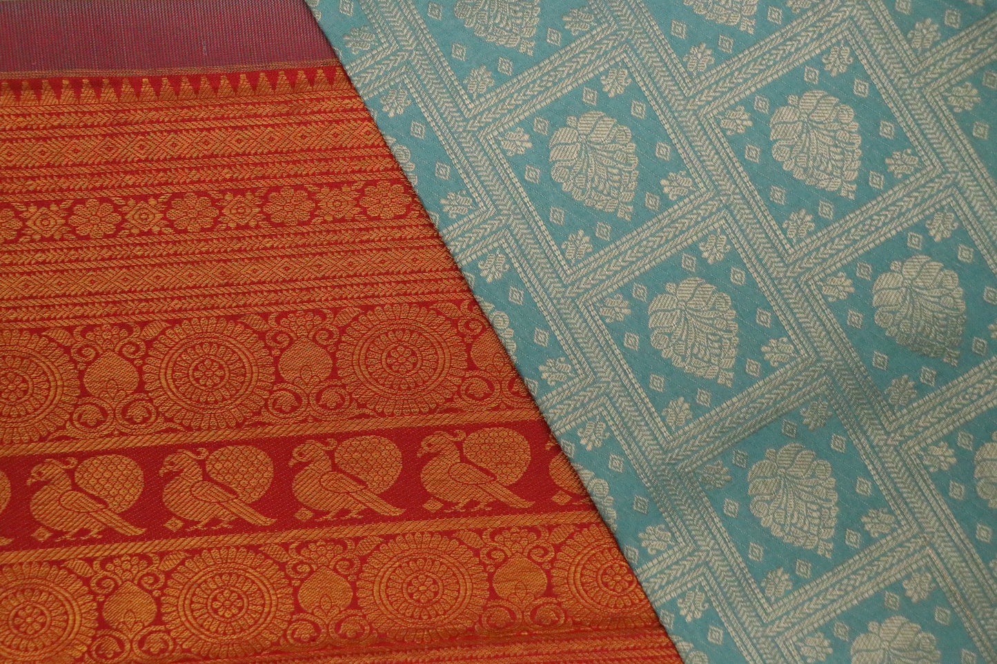 Kanchi Silk-Body-Pastel Turquoise Blue-Border-Rich Vermilion Red