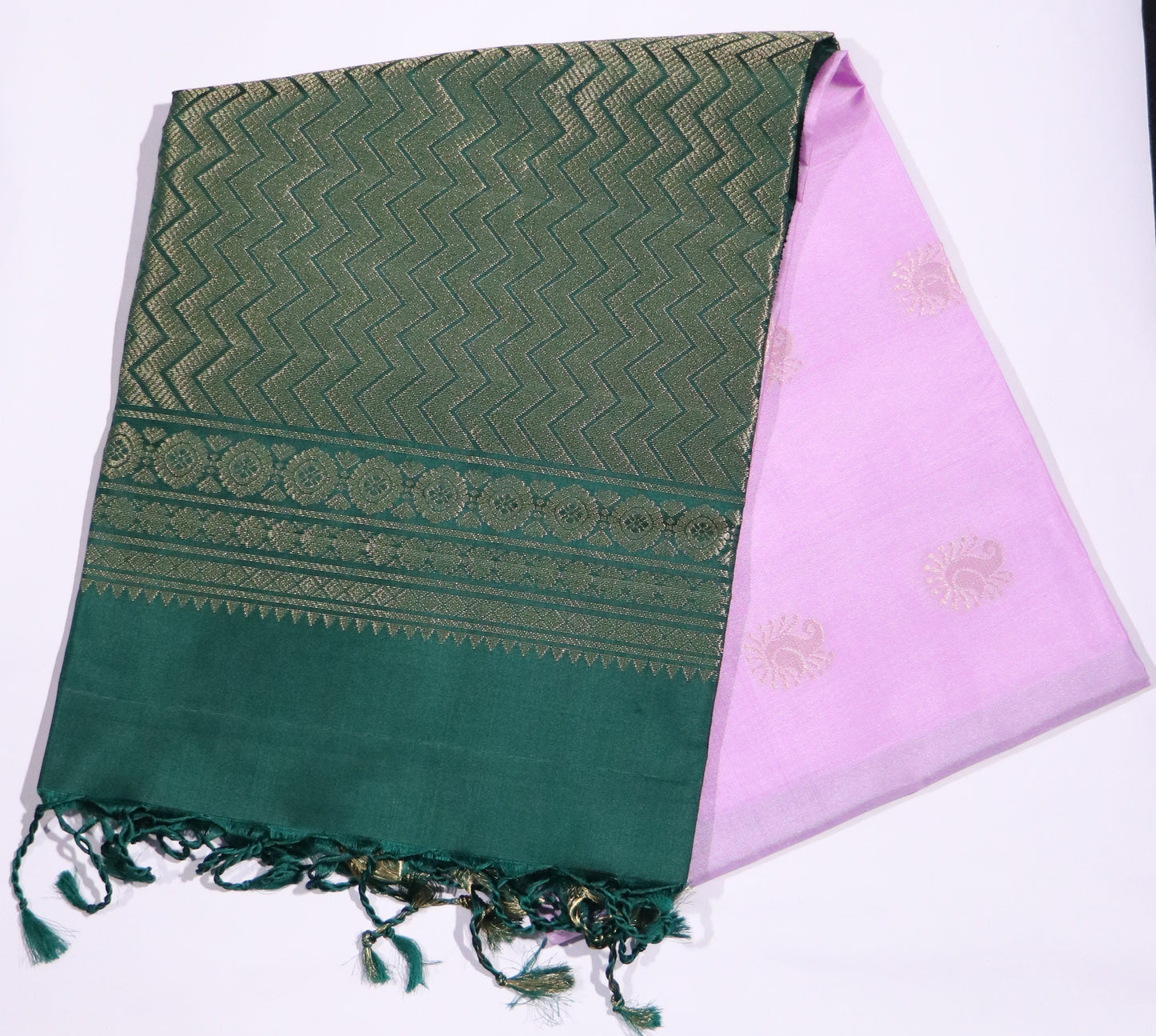 Brocade Silk-Body-Dark Green-gold zari pattern-Border-Lavender