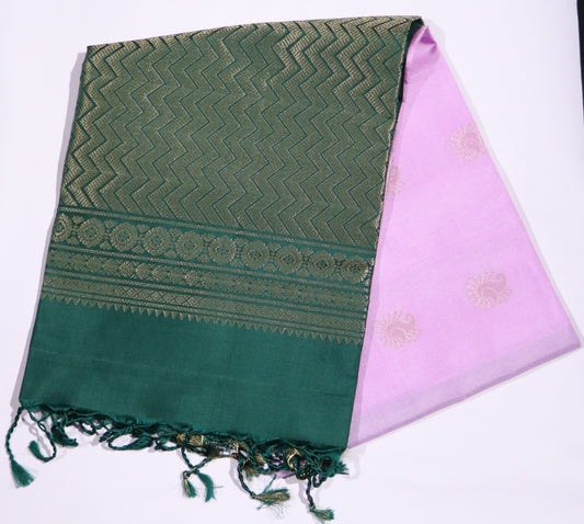 Kanchi Brocade Silk Saree – Dark Green with Gold Zari Pattern & Lavender Border