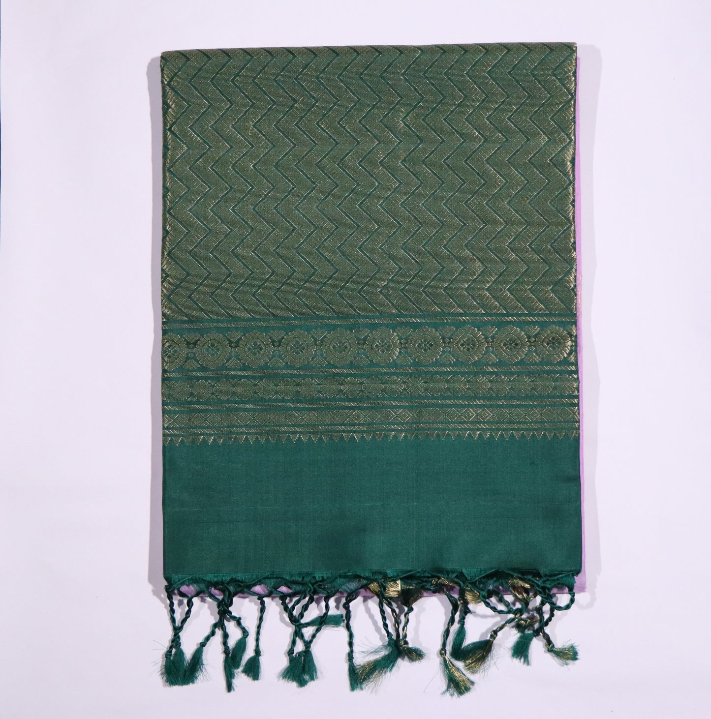 Brocade Silk-Body-Dark Green-gold zari pattern-Border-Lavender