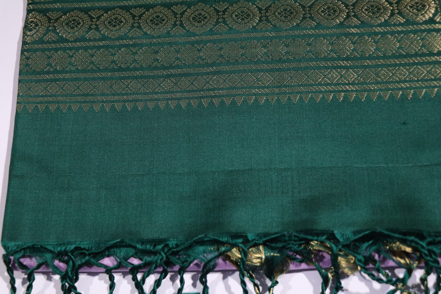 Brocade Silk-Body-Dark Green-gold zari pattern-Border-Lavender