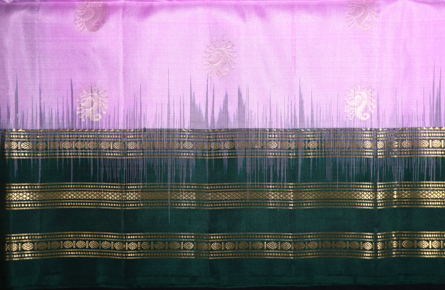 Brocade Silk-Body-Dark Green-gold zari pattern-Border-Lavender