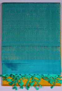 Kanchi Soft Silk Saree – Teal Blue Body with Mustard Gold Border