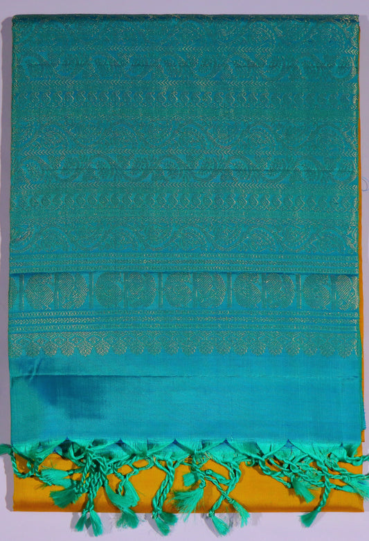 Soft Silk-Body-Teal Blue-Border-Mustard Gold