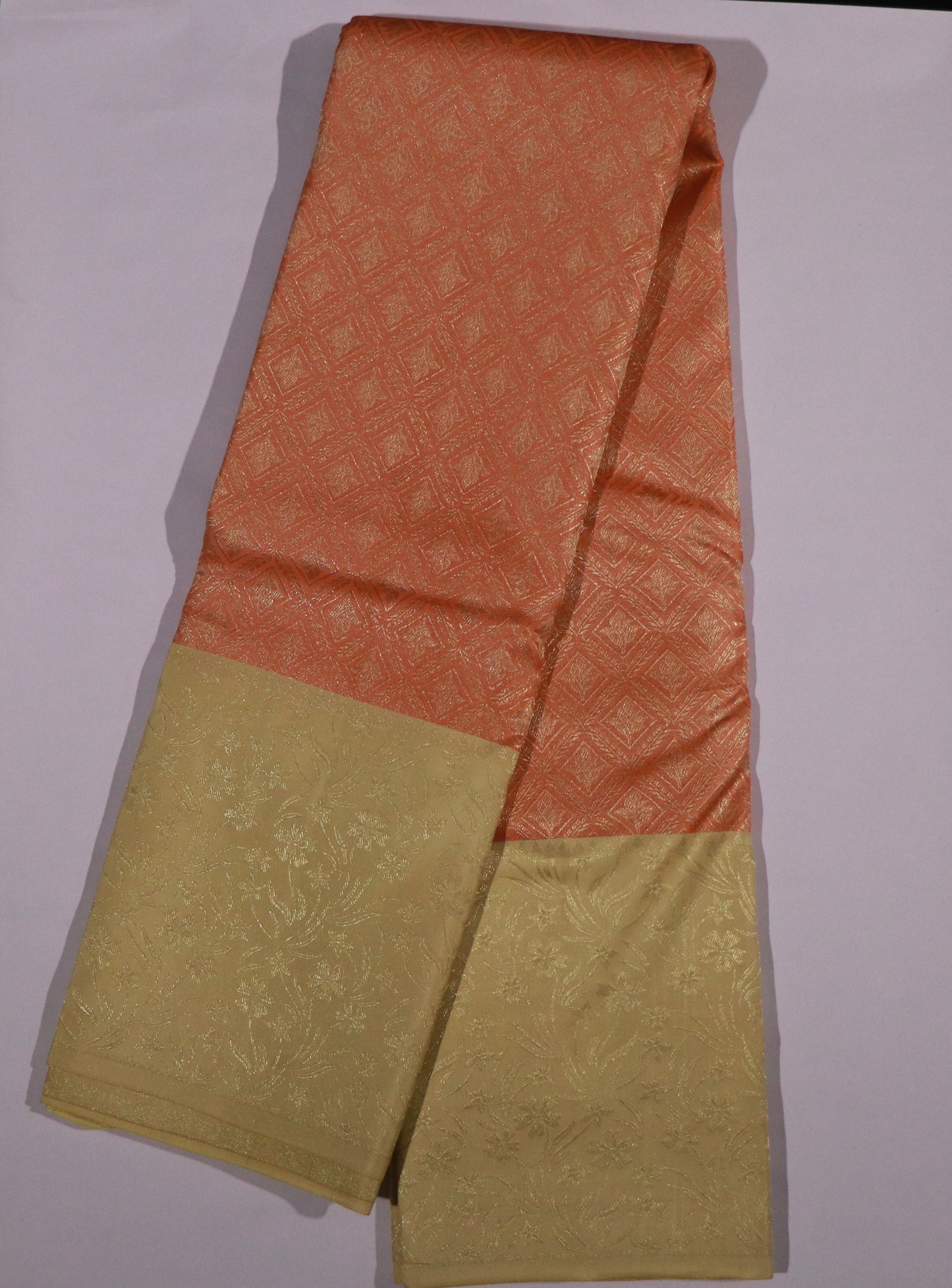 Brocade Silk-Body-Peach-Border-Champagne gold