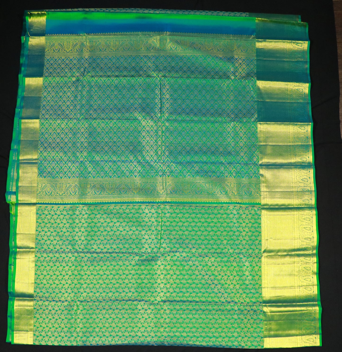 Brocade Silk -Body-Rich Emerald Green-Gold zari-geometric buttas-Border-Emerald Green -Broad Gold zari